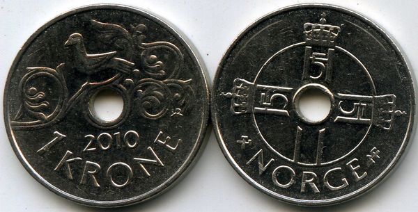 Монета 1 крона 2010г Норвегия