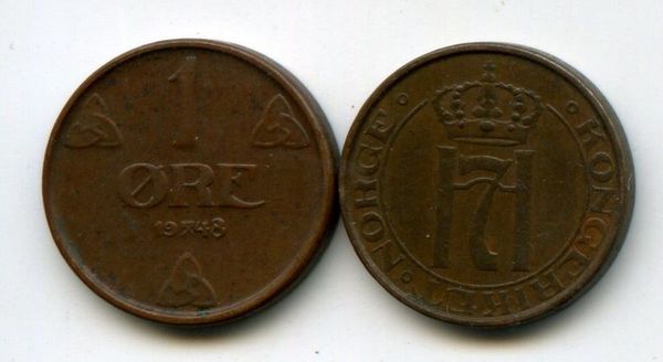 Монета 1 оре 1948г Норвегия
