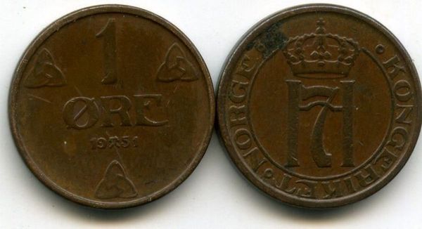 Монета 1 оре 1951г Норвегия