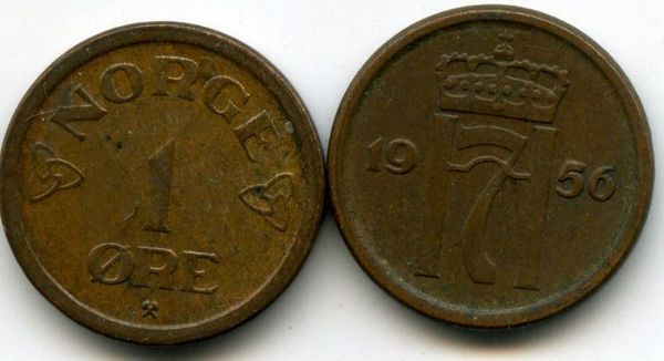 Монета 1 оре 1956г Норвегия