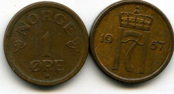 Монета 1 оре 1957г Норвегия