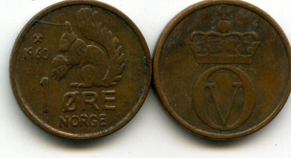 Монета 1 оре 1960г Норвегия
