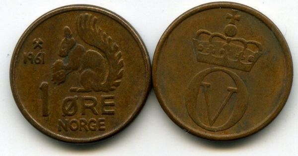 Монета 1 оре 1961г Норвегия
