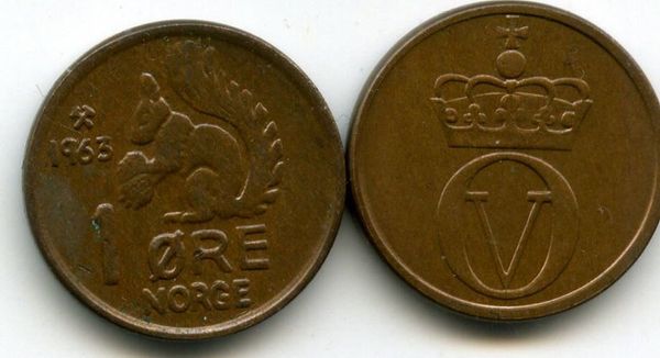 Монета 1 оре 1963г Норвегия