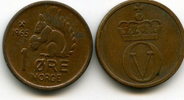Монета 1 оре 1965г Норвегия