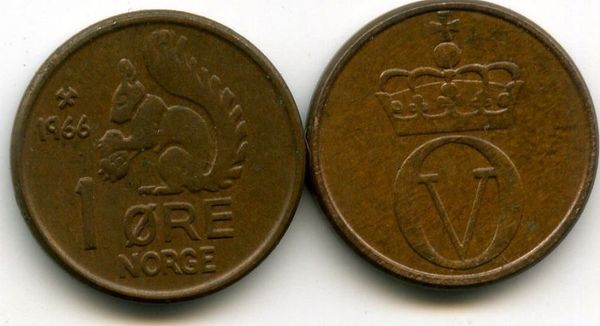 Монета 1 оре 1966г Норвегия