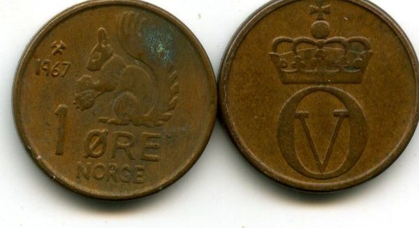 Монета 1 оре 1967г Норвегия