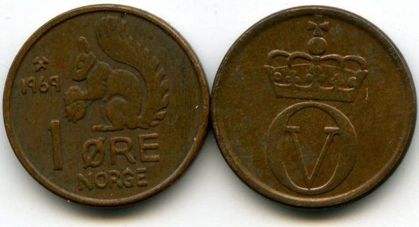Монета 1 оре 1969г Норвегия
