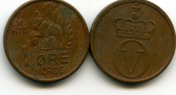 Монета 1 оре 1970г Норвегия