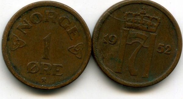 Монета 1 оре 1952г новый тип Норвегия