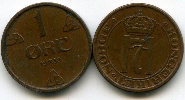 Монета 1 оре 1952г старый тип Норвегия
