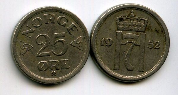 Монета 25 оре 1952г Норвегия