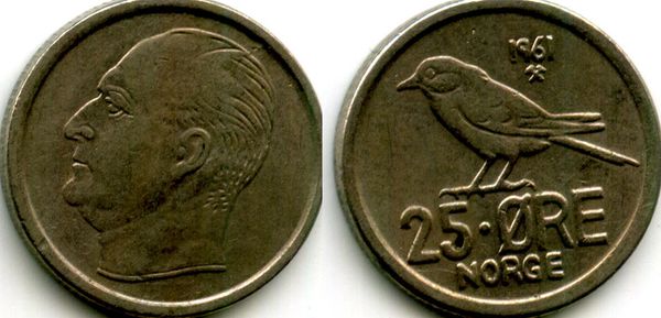 Монета 25 оре 1961г Норвегия