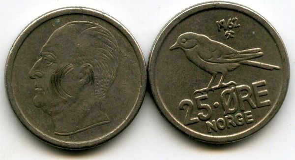Монета 25 оре 1962г Норвегия