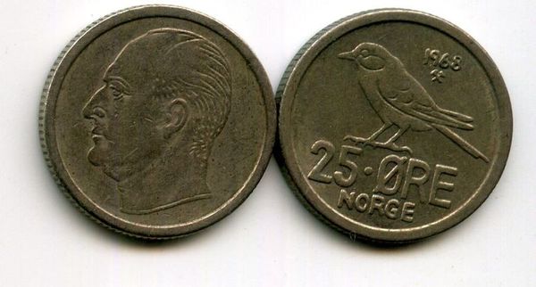 Монета 25 оре 1968г Норвегия