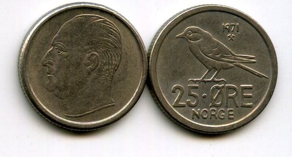 Монета 25 оре 1971г Норвегия