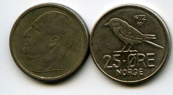 Монета 25 оре 1972г Норвегия