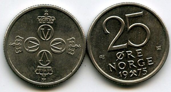 Монета 25 оре 1975г Норвегия