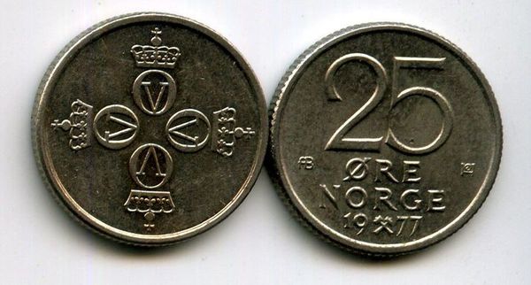 Монета 25 оре 1977г Норвегия