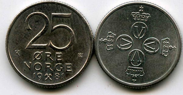 Монета 25 оре 1981г Норвегия