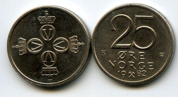Монета 25 оре 1982г Норвегия