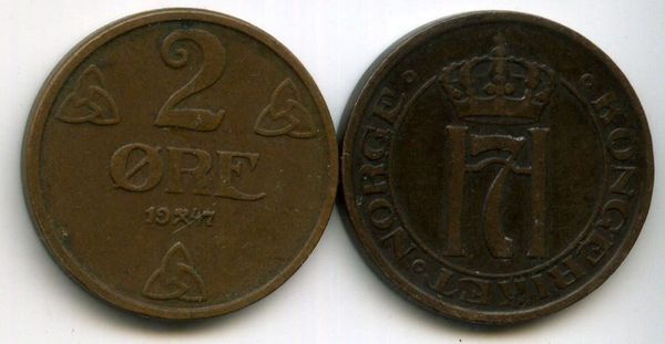 Монета 2 оре 1947г Норвегия