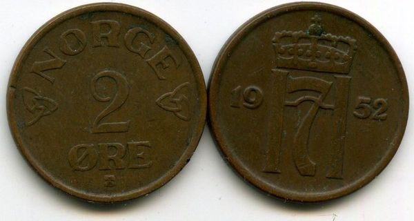 Монета 2 оре 1952г новый тип Норвегия