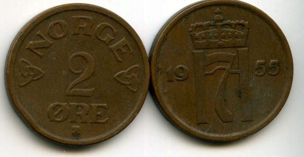 Монета 2 оре 1955г Норвегия