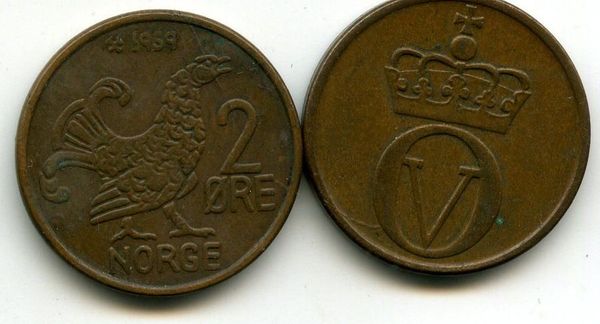 Монета 2 оре 1959г Норвегия