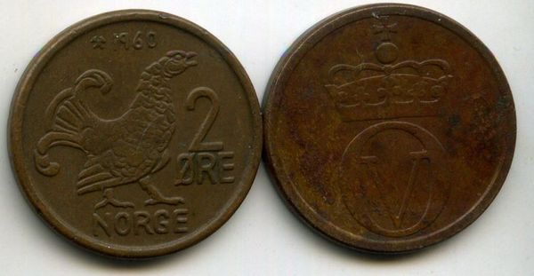 Монета 2 оре 1960г Норвегия