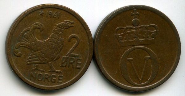 Монета 2 оре 1961г Норвегия