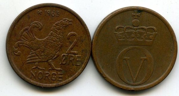 Монета 2 оре 1963г Норвегия