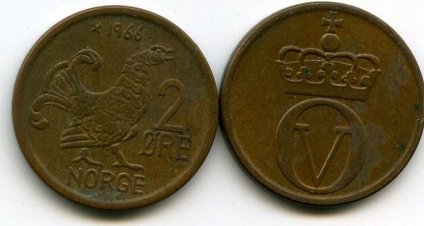 Монета 2 оре 1966г Норвегия