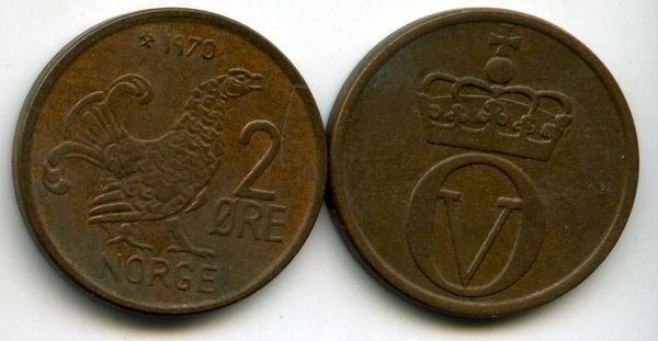 Монета 2 оре 1970г Норвегия
