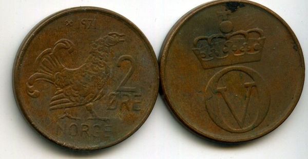 Монета 2 оре 1971г Норвегия
