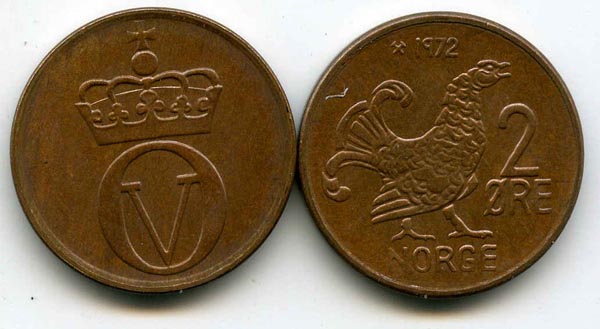 Монета 2 оре 1972г Норвегия