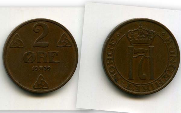 Монета 2 оре 1939г Норвегия