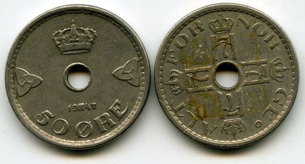 Монета 50 оре 1947г Норвегия