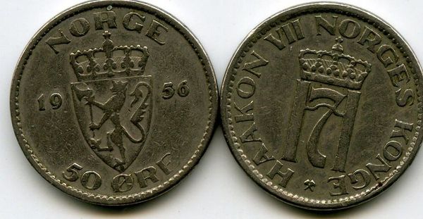 Монета 50 оре 1956г Норвегия