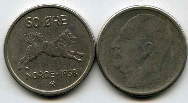 Монета 50 оре 1958г Норвегия