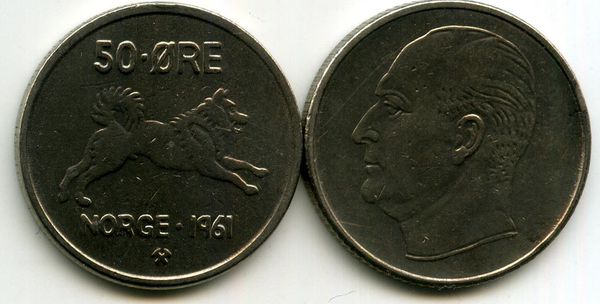 Монета 50 оре 1961г Норвегия