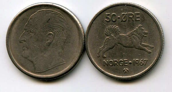 Монета 50 оре 1967г Норвегия