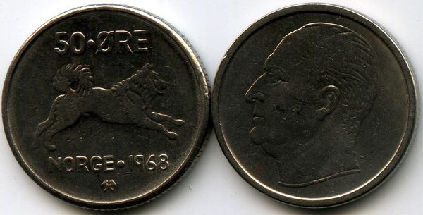 Монета 50 оре 1968г Норвегия