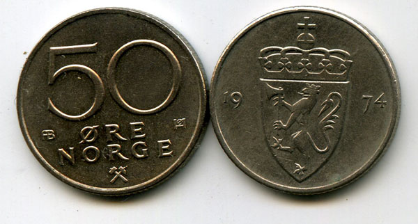 Монета 50 оре 1974г Норвегия