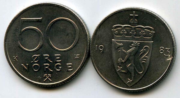 Монета 50 оре 1983г Норвегия