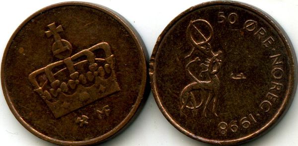 Монета 50 оре 1998г Норвегия