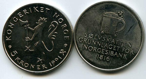 Монета 5 крон 1991г 175 лет банку Норвегия