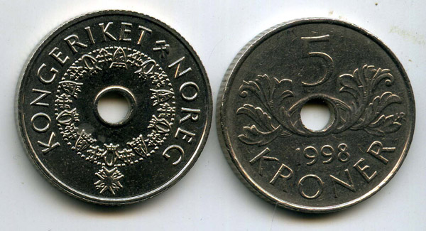 Монета 5 крон 1998г Норвегия