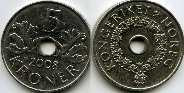 Монета 5 крон 2008г Норвегия