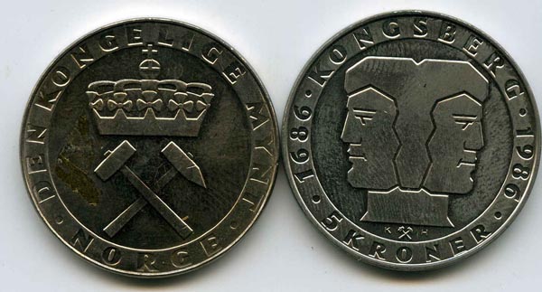 Монета 5 крон 1986г 300 лет монетному двору Норвегия